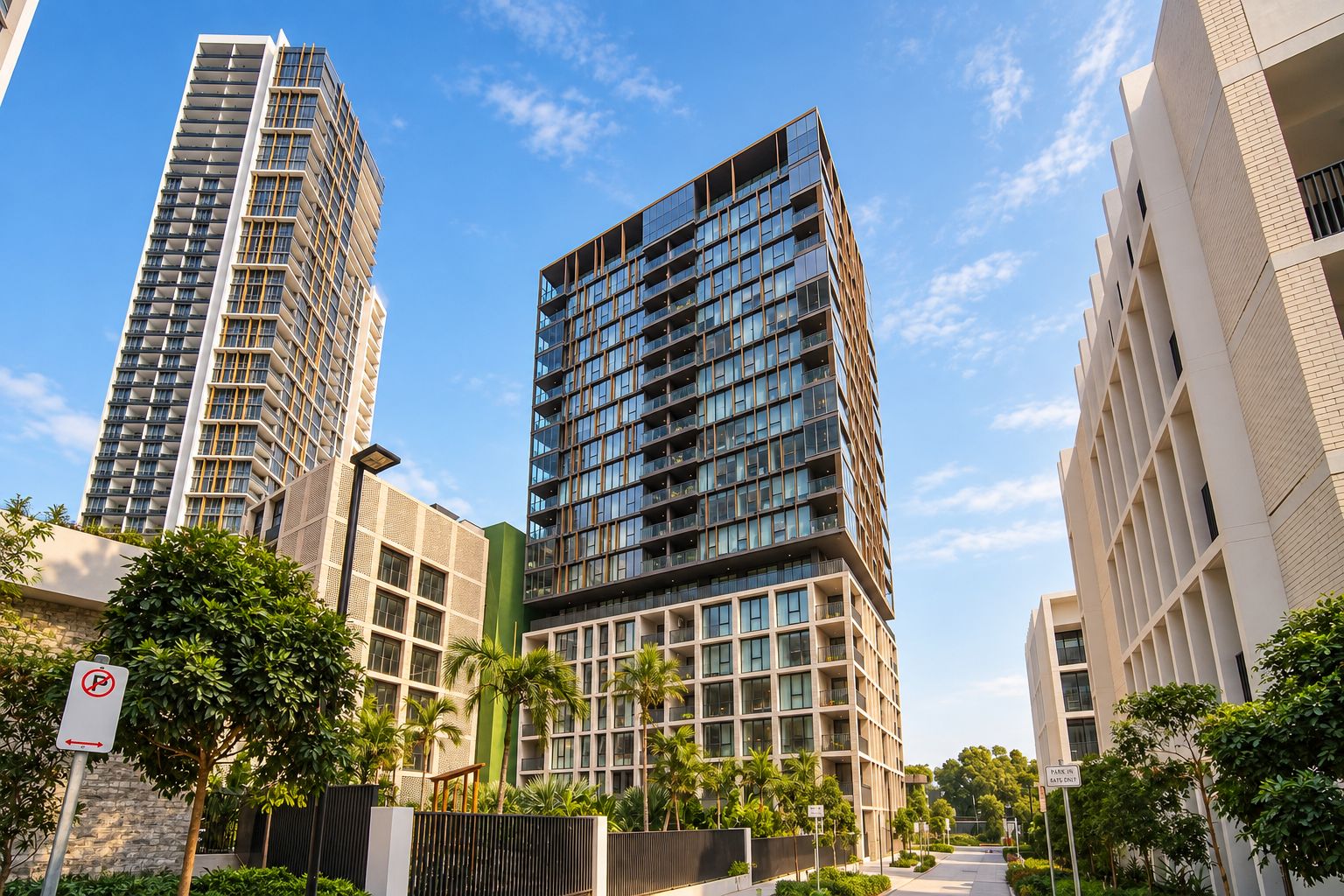 Un immeuble moderne de grande hauteur, doté d’une façade en verre, entouré de verdure et d’autres constructions contemporaines.