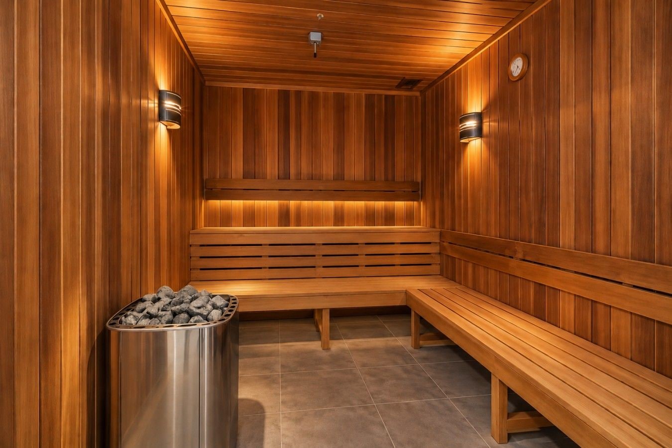 A sauna with wooden benches and walls, a metal container with stones, and wall-mounted lighting.