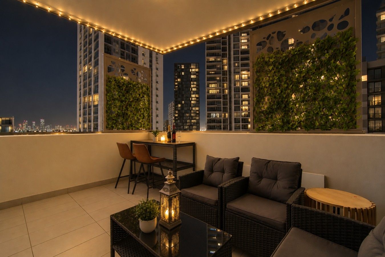 A rooftop terrace with a dining table, chairs, and a sofa.