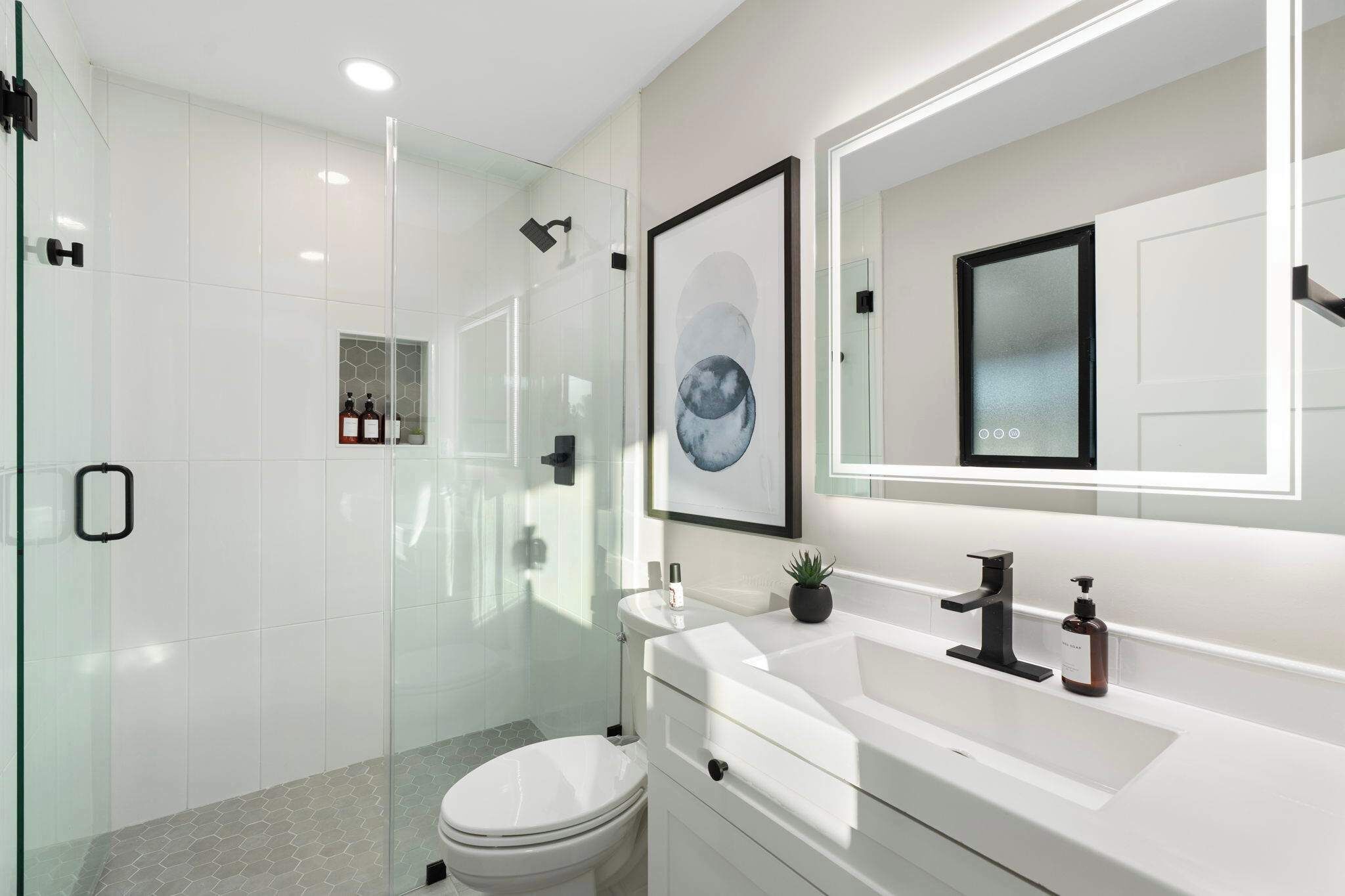 A modern bathroom with a glass shower enclosure, a white toilet, a vanity with a mirror, and a framed artwork on the wall.