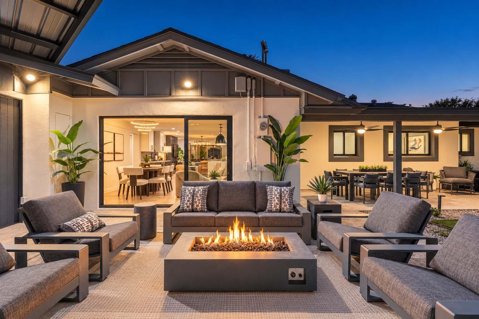 A modern outdoor living area with a fire feature, comfortable seating, and a view into the house.