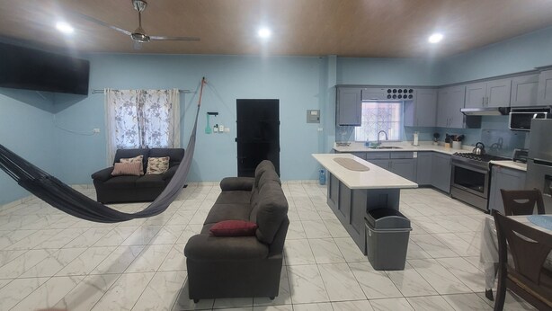 Ein Wohnzimmer mit Sofa, einer Hängematte, einer Küche mit Herd und einem an der Wand befestigten Fernseher.