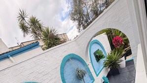 A rooftop garden with a blue-tiled pool, potted plants, and a white wall with decorative arches.