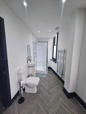 A narrow hallway with a toilet, sink, and shower area. - Stylish Double Room in Convenient Location (Liverpool)