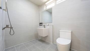 Un baño moderno con ducha, lavamanos e inodoro.