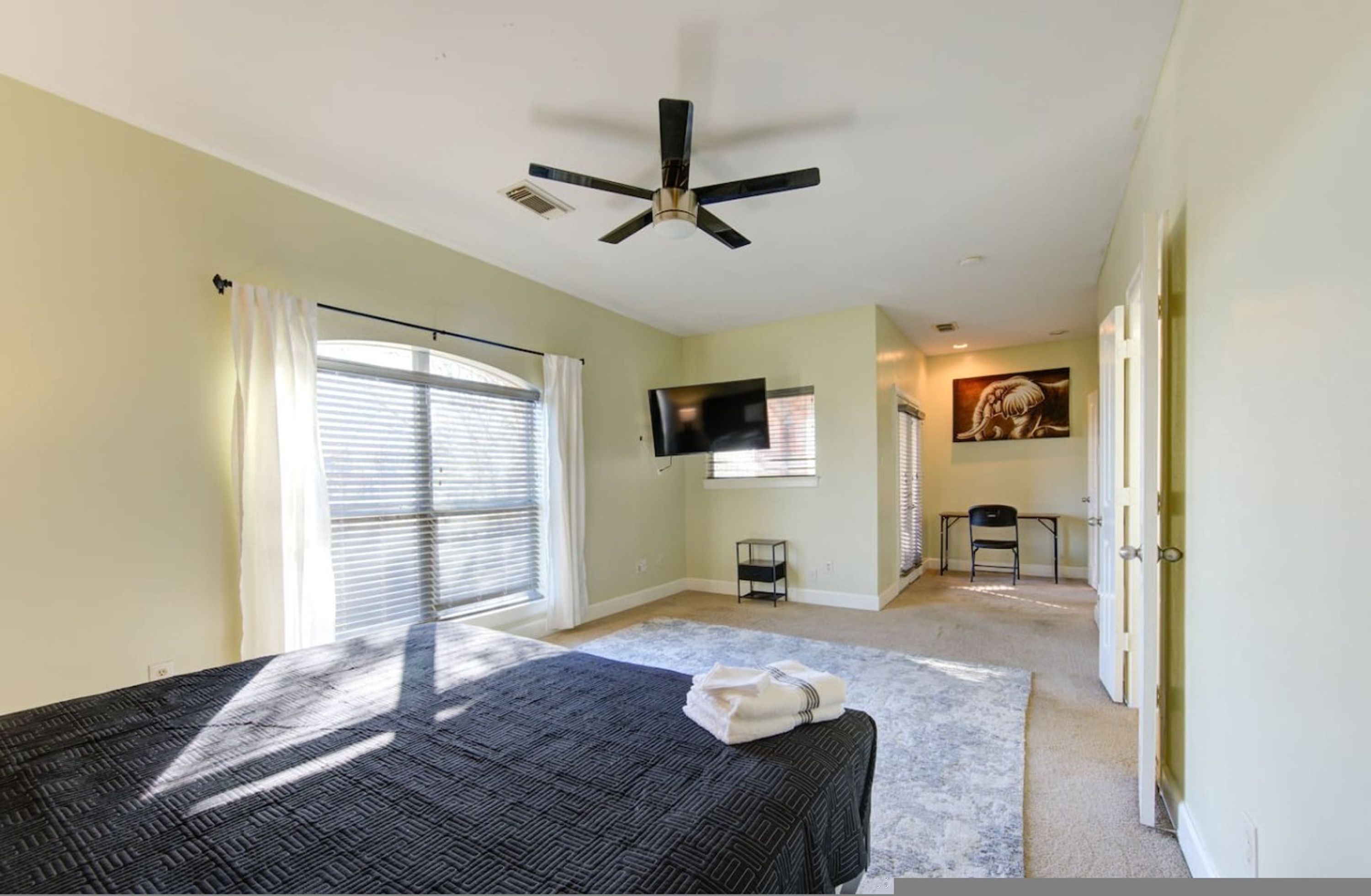 A bedroom with a bed, a ceiling fan, a TV, and a painting on the wall.