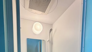 Buồng tắm vòi sen, máy sấy tóc, khăn tắm, xà phòng