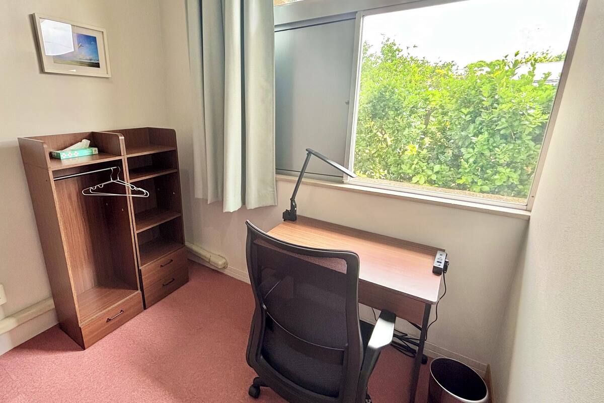 Una habitación con escritorio, silla, armario y ventana con vistas a zonas verdes.