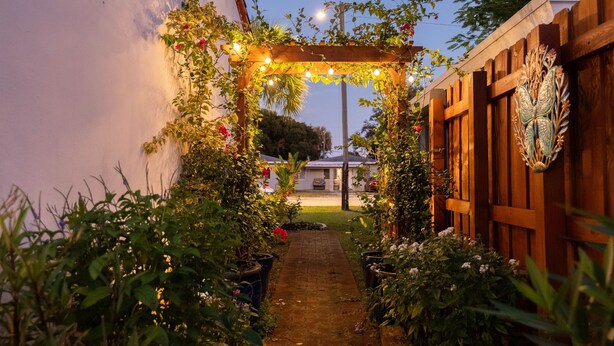 Een tuinpad dat leidt naar een houten pergola met lichtjes.