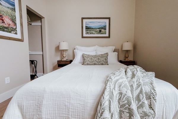 Peaceful queen bedroom designed for relaxation and a great night’s sleep.