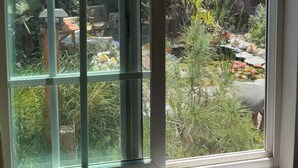 Janela com vista para um jardim, uma formação rochosa e um edifício com telhado vermelho.