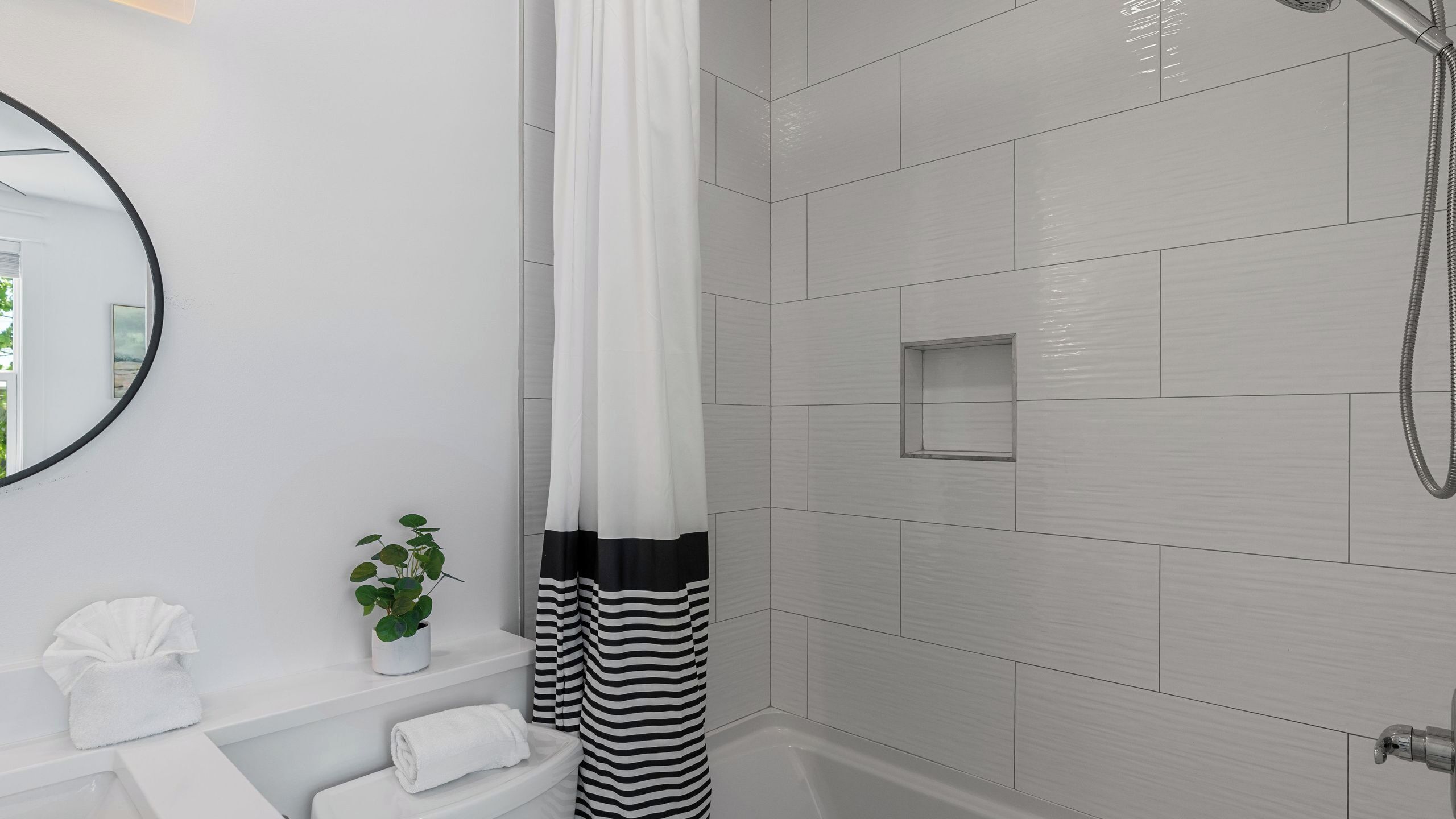 A bathroom with a white sink, a mirror, a towel rack, a shower with a handheld showerhead, and a potted plant.