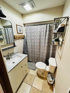A bathroom with a toilet, sink, mirror, shower curtain, and a small shelf with toiletries. - The Inn At Spearfish Creek (Spearfish)