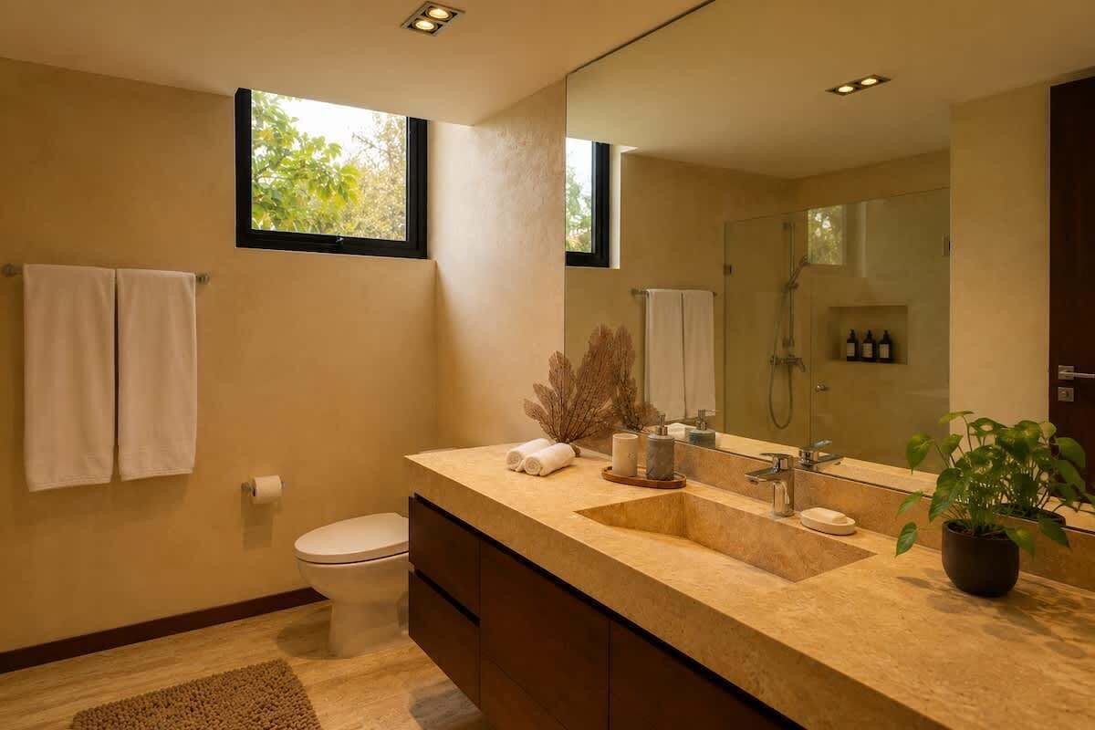 Shower, hair dryer, towels, shampoo