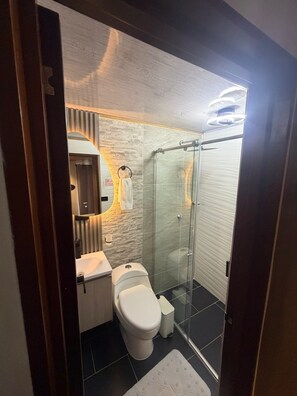 Ein modernes Badezimmer mit Duschkabine aus Glas, Toilette und Waschbecken.
