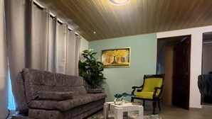Un soggiorno con divano, tavolino, poltrona, una pianta e un quadro appeso al muro.