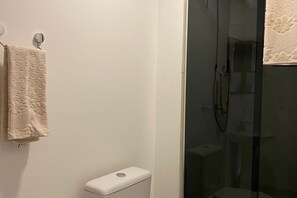 A bathroom with a toilet, a glass shower enclosure, and a towel hanging on the wall.