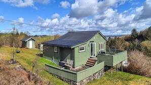 Een groene woning met balkon, een tuinhuisje en een gazon.