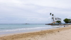 A beach with a building and palm trees. - Oceanfront Terrace Apartment - Steps to Beach (Carolina)