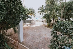 A paved pathway leading to a beach area with palm trees and a white structure. - Oceanfront Studio w/ Beach Access & Parking (Carolina)