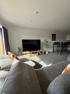 Un salon moderne avec un téléviseur à écran plat, des canapés gris, un coin repas avec des chaises et une plante en pot.