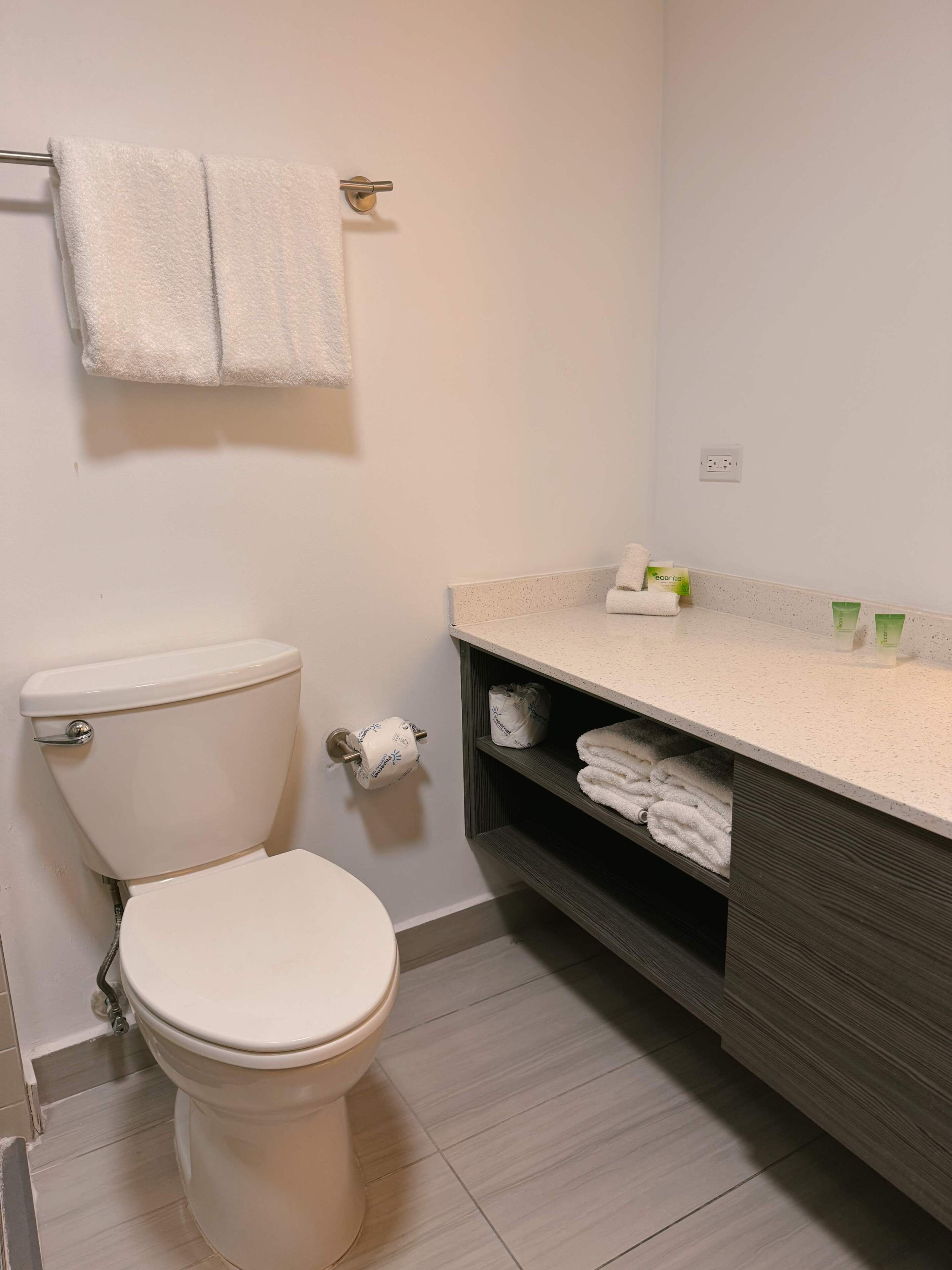 Une salle de bain moderne comprenant des toilettes, un porte-serviettes, un meuble-lavabo avec un plan de travail et une étagère où sont pliés les serviettes.