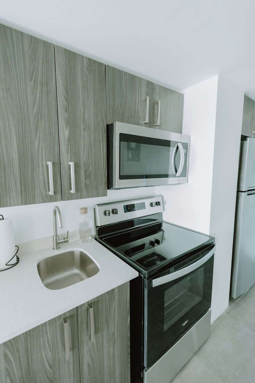 Fridge, microwave, oven, stovetop