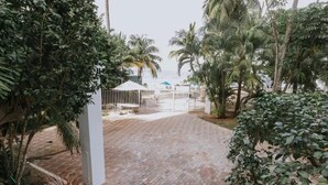 Camí pavimentat que condueix a una zona de platja amb palmeres i una estructura blanca.