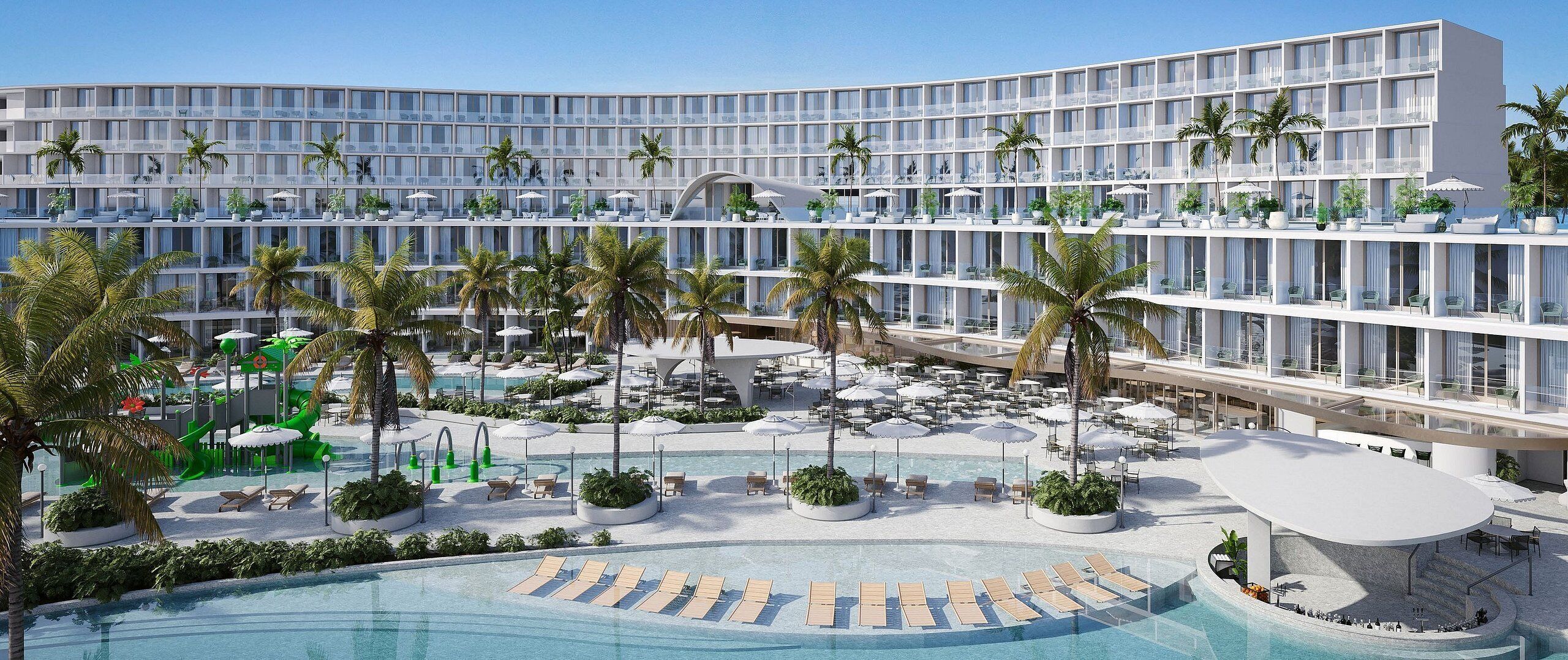 Um hotel moderno com várias varandas, área de piscina e mobiliário de exterior.