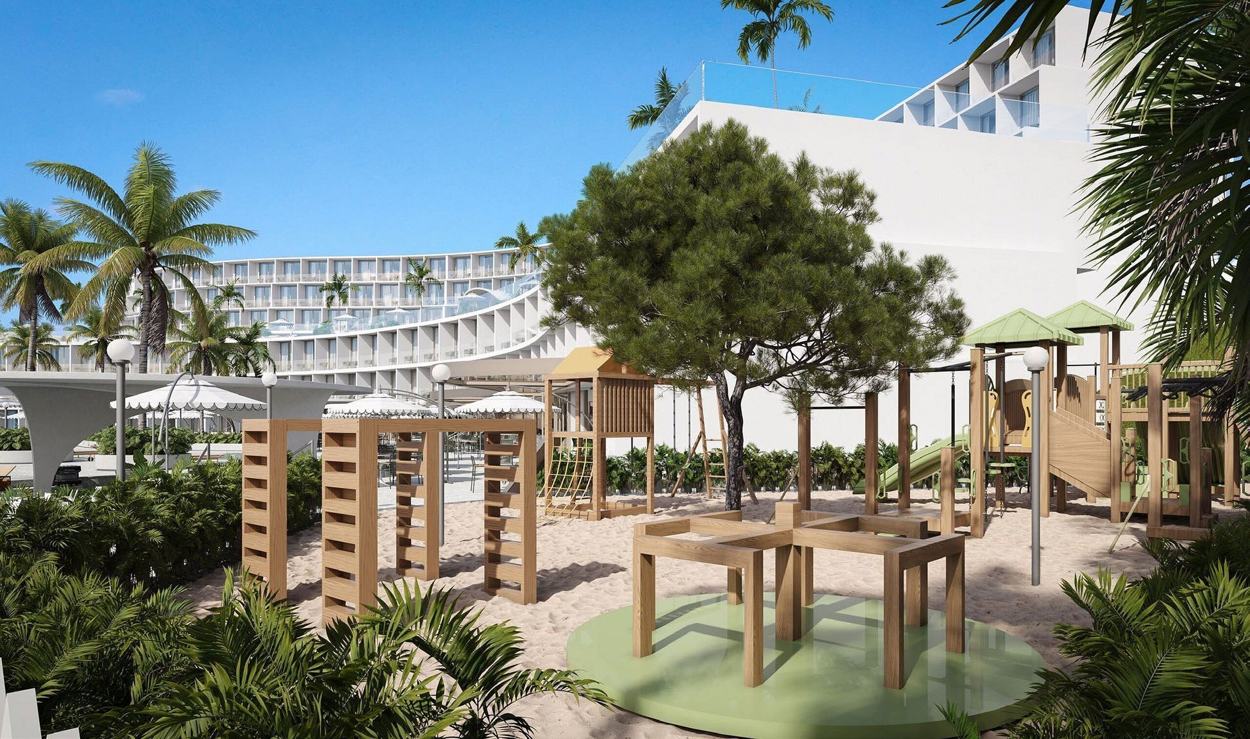 Resort com um edifício moderno, área de estar ao ar livre e um parquinho.
