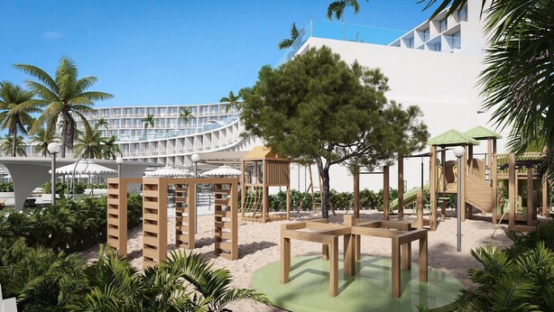 A resort with a modern building, outdoor seating, and a playground. - Oikos Maragogi Resort - GAV Resorts (Maragogi)