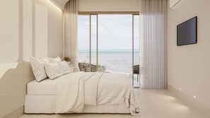 A bedroom with a large window, a bed, a TV, and a view of the ocean. - Oikos Maragogi Resort - GAV Resorts (Maragogi)