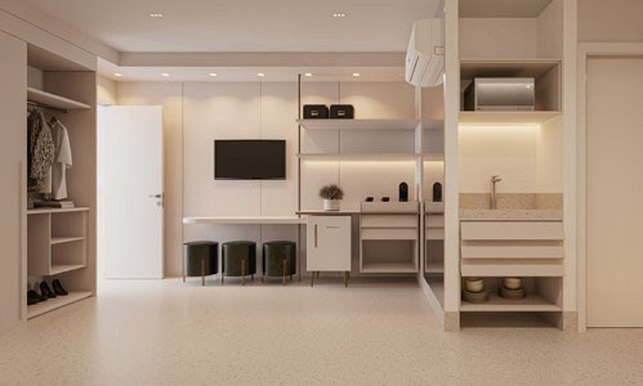 Cozinha moderna e minimalista com eletrodomésticos embutidos, televisão de tela plana e um closet amplo com prateleiras e cabideiro.
