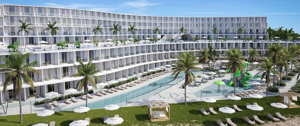 A multi-story hotel with a pool, sun loungers, and palm trees.