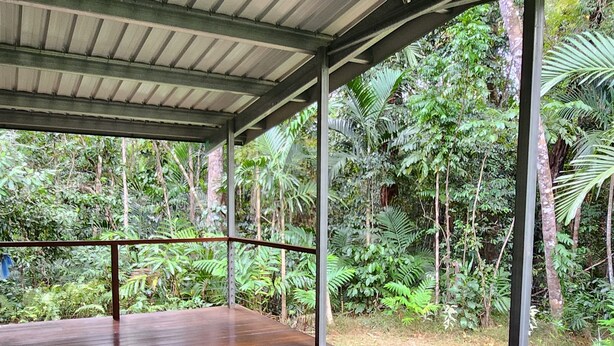 A covered wooden deck with a bench, surrounded by lush tropical vegetation.