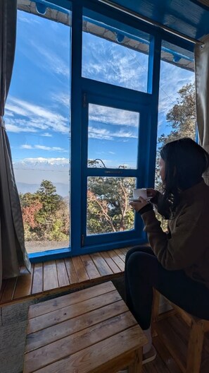 Eine Person sitzt am Fenster mit Blick auf Bäume und Berge.