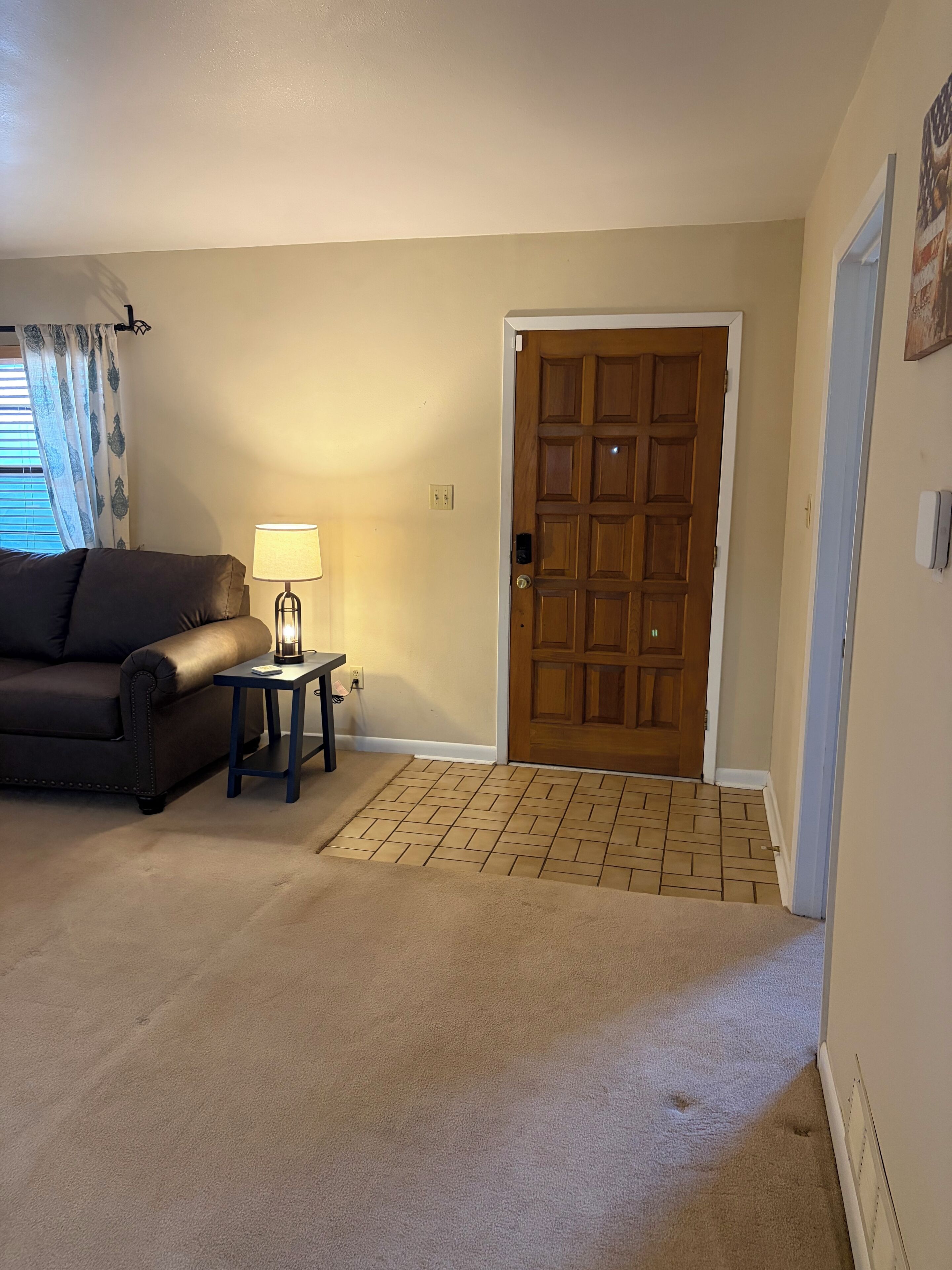A living room with a sofa, a lamp, a door, and a patterned floor.
