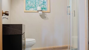 Ein Badezimmer mit Toilette, einem gerahmten Bild an der Wand, einer Duschkabine und einem dunklen Waschtisch.