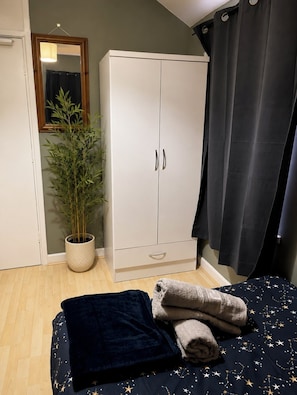 A bedroom with a bed, a wardrobe, a potted plant, and a mirror.