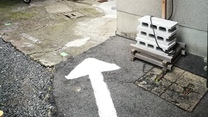 Entrada de un edificio con un farolillo japonés tradicional, una bicicleta y una flecha direccional en el suelo.