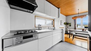 Apartamento, vistas a la montaña | Cocina privada | Frigorífico, microondas, placa de cocina y trona infantil