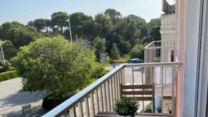 Ein Balkon mit Holztisch und -stühlen, einem Blumentopf und Blick auf einen Parkplatz und Bäume.