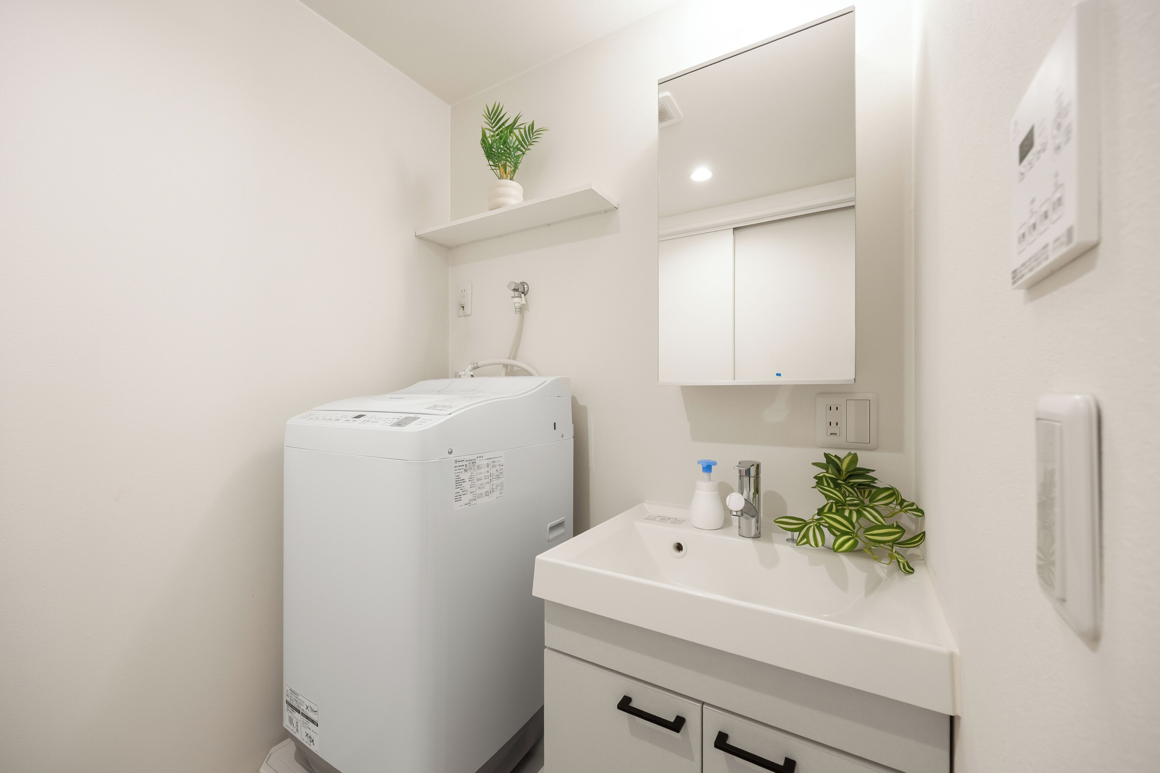 Een kleine badkamer met een witte wastafel, een spiegel, een klein plankje met een plantje, en een wit apparaat.