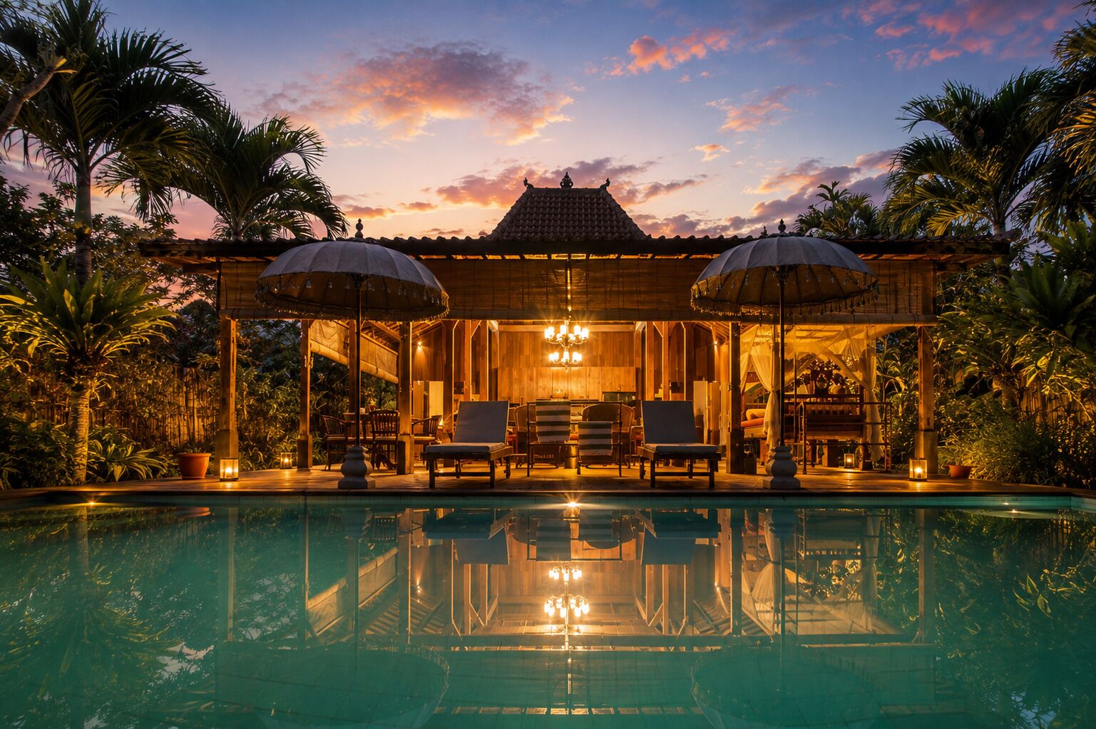 A poolside area with a covered seating area, lounge chairs, and a view of the sunset.