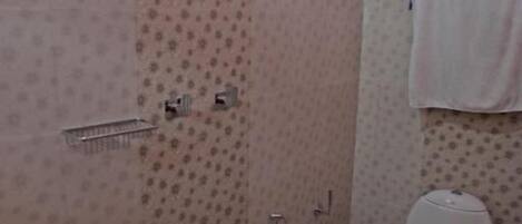 A bathroom with a toilet, bidet, and shower.