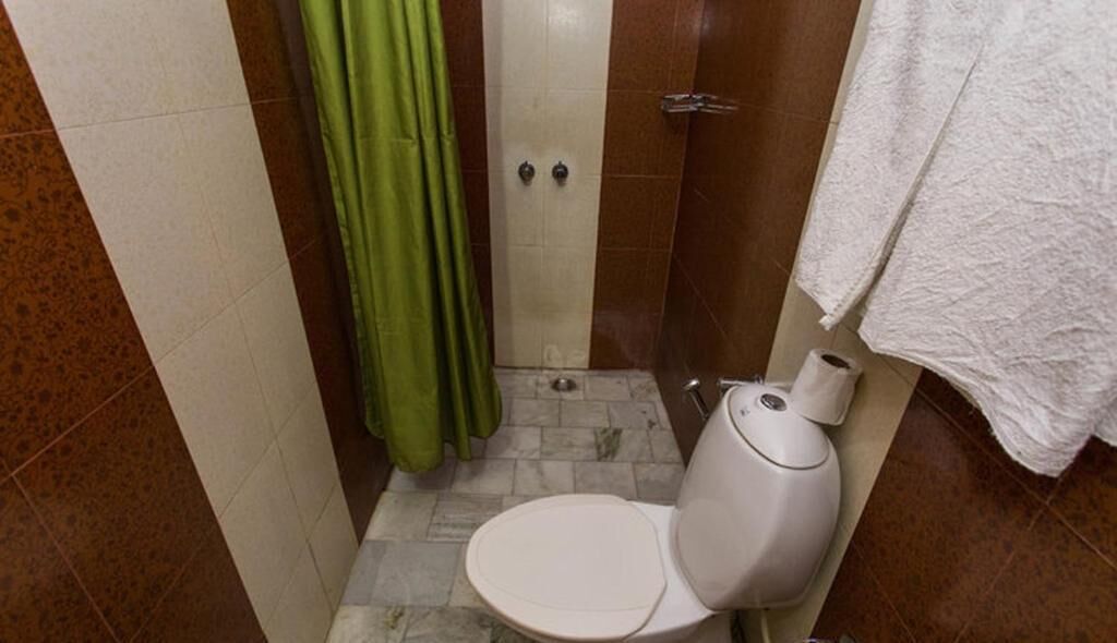 Ein kleines Badezimmer mit Toilette, einem grünen Duschvorhang und einem weißen Handtuch an der Wand.
