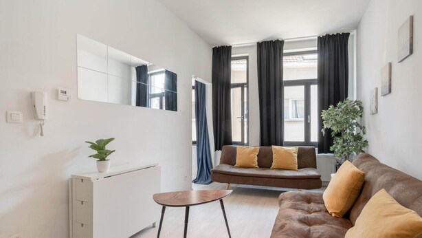 A modern living room with a sofa, a small table, a radiator, a potted plant, and a large window with curtains. - Cozy Antwerp Apartment Stay for 7 (Antwerp)