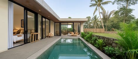A modern house with a swimming pool, large glass doors, and a view of palm trees.