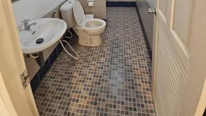 Kylpyhuone, jossa on wc, pesuallas ja laatoitettu lattia.