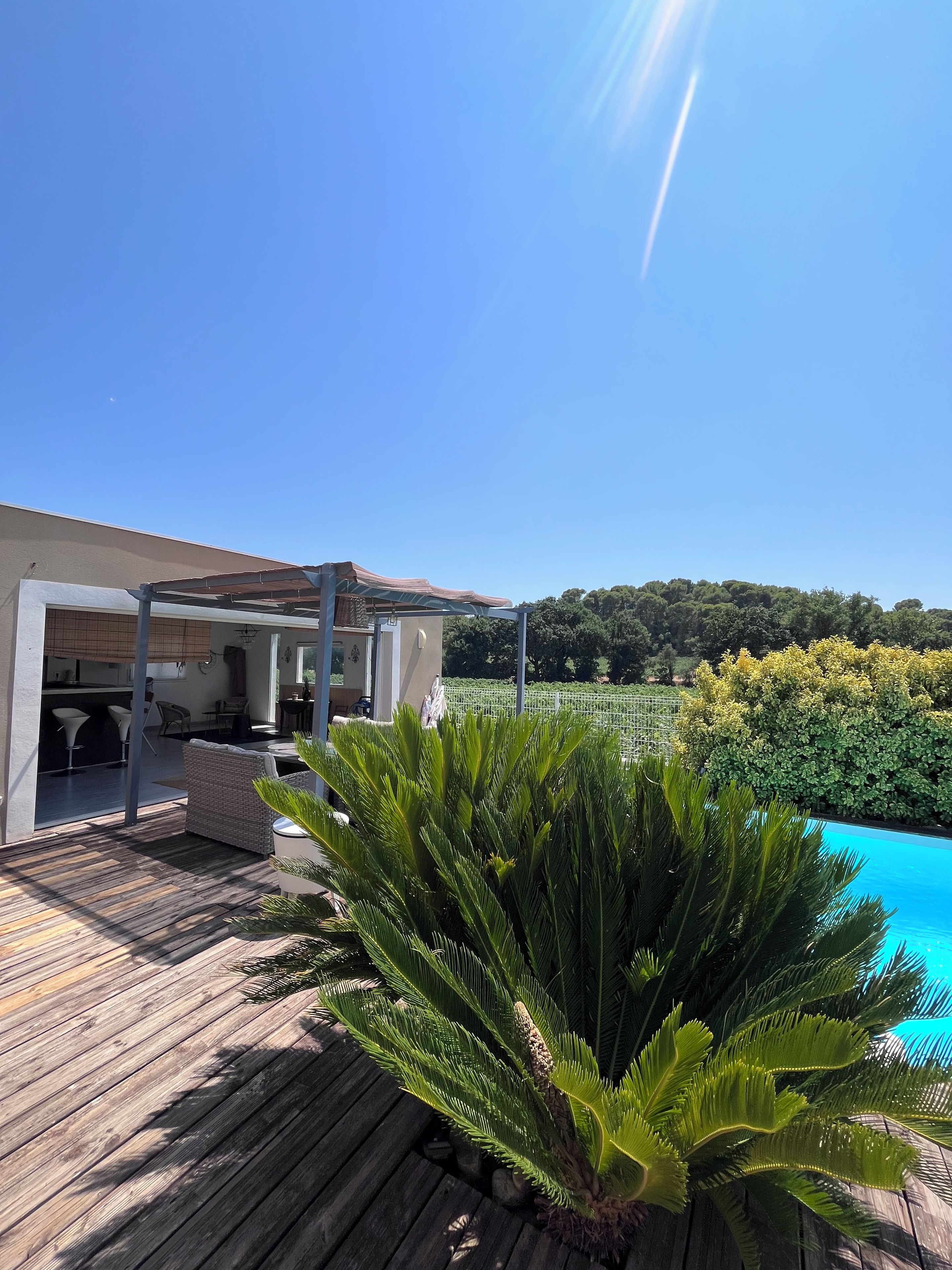 A wooden deck with a pool, a covered outdoor seating area, and lush greenery.